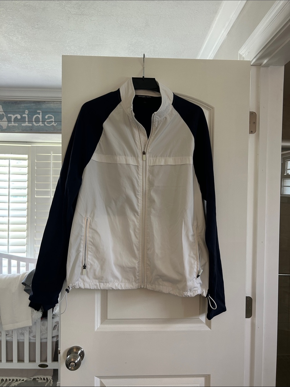 Michael Kors White and Navy Full-Zip Bomber Jacket